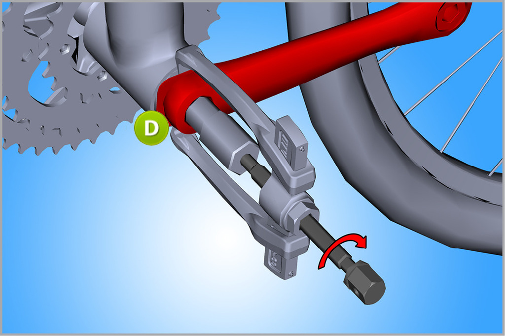 Za demontažu Campagnolo® Power Torque karbonske poluge pedale, ponovimo postupak iz prethodnog koraka za aluminijumsku polugu, s tom razlikom da korisitmo deblju plastičnu zaštitu (D).