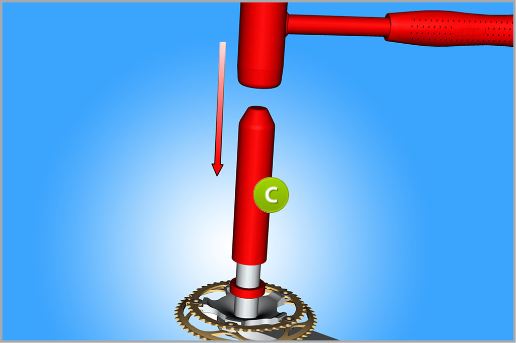 To install the bearing on the crank, we use the bearing installation tool (C) together with a hammer.