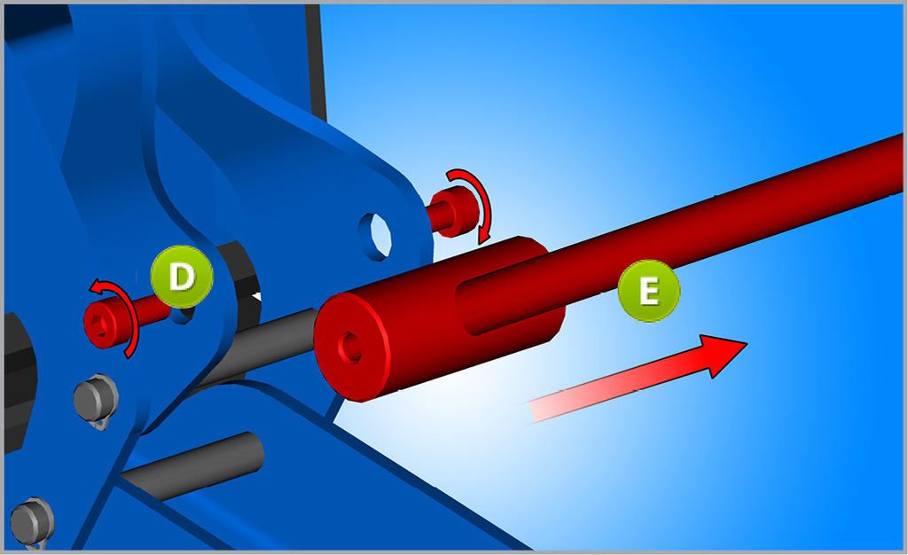 Odkręć śruby M4 (D) od uchwytu i usuń dźwignię (E) która nie jest wymagana w systemie ze śrubą.