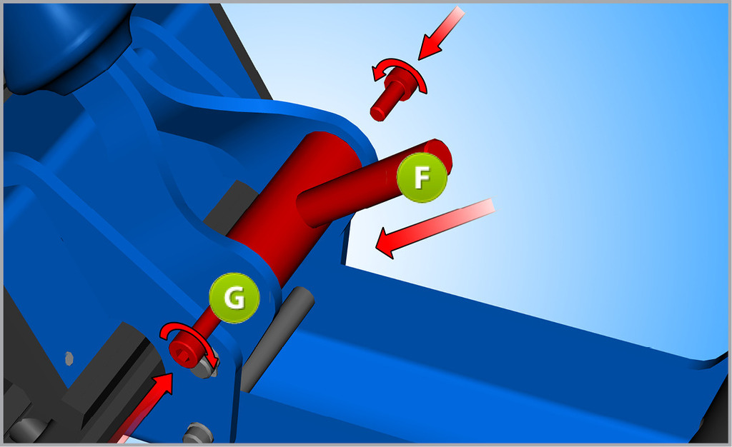 Insérer le nouveau levier de poignée (plus court) (F) entre les parties métalliques de la poignée et le fixer avec deux vis M4 (G).