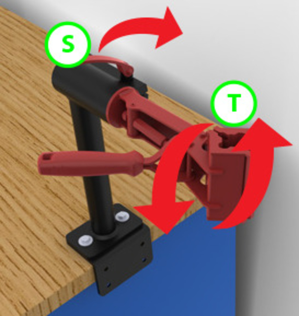 Adjust jaw angle and clamp bike safely? To adjust the bike stand jaw angle, release lever (S) and adjust/rotate (T).