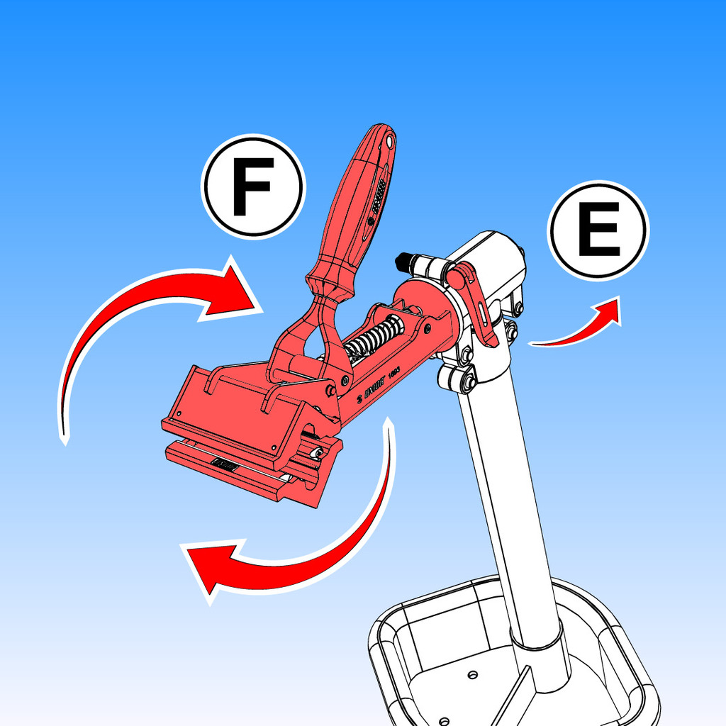 Pour régler la position de la tête du support de vélo, desserrer le levier (E) et régler/faire pivoter la tête du support (F).