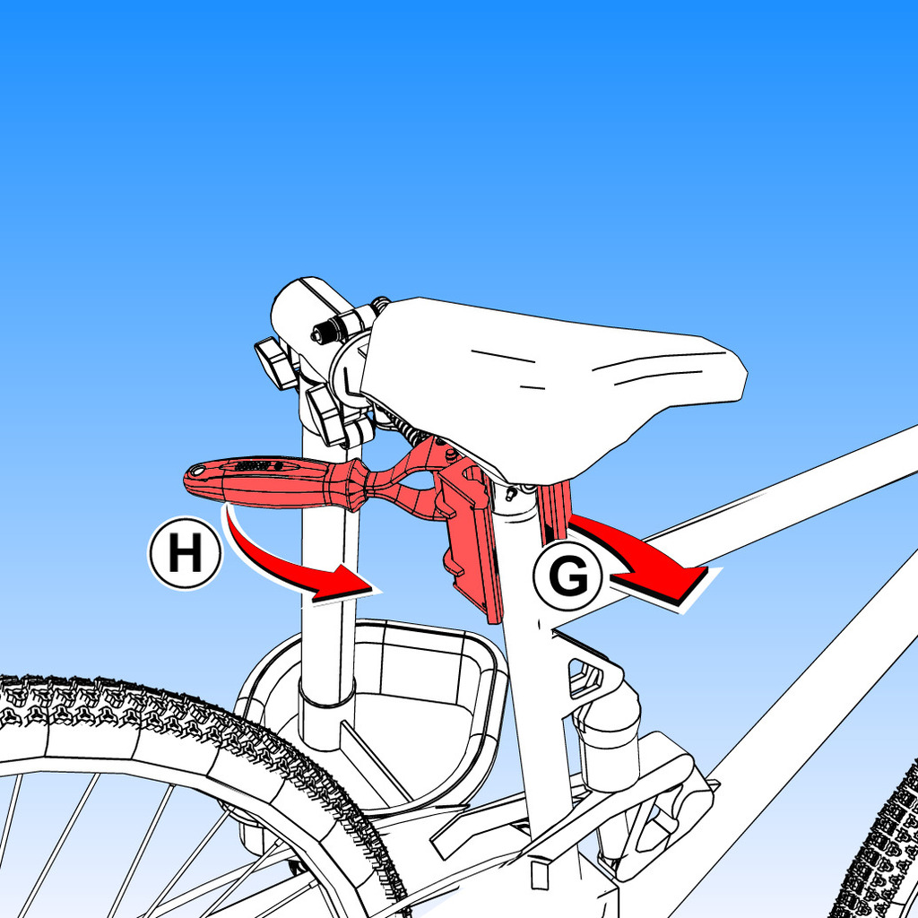 Ajustati deschiderea falcilor ( G ) in functie de diametrul cadrului bicicletei. Rasuciti manerul ( H ) pana in momentul in care falcile sunt bine prinse de tubul cadrului. Faceti ultimele reglaje de strangere astfel incat sa protejati cadrul de o strangere excesiva.