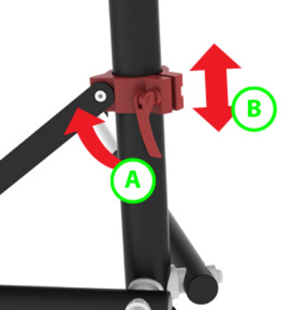 Adjust bike stand legs? To adjust the bike stand foldable legs, release lever (A) and push the slider (B) in the desired direction.