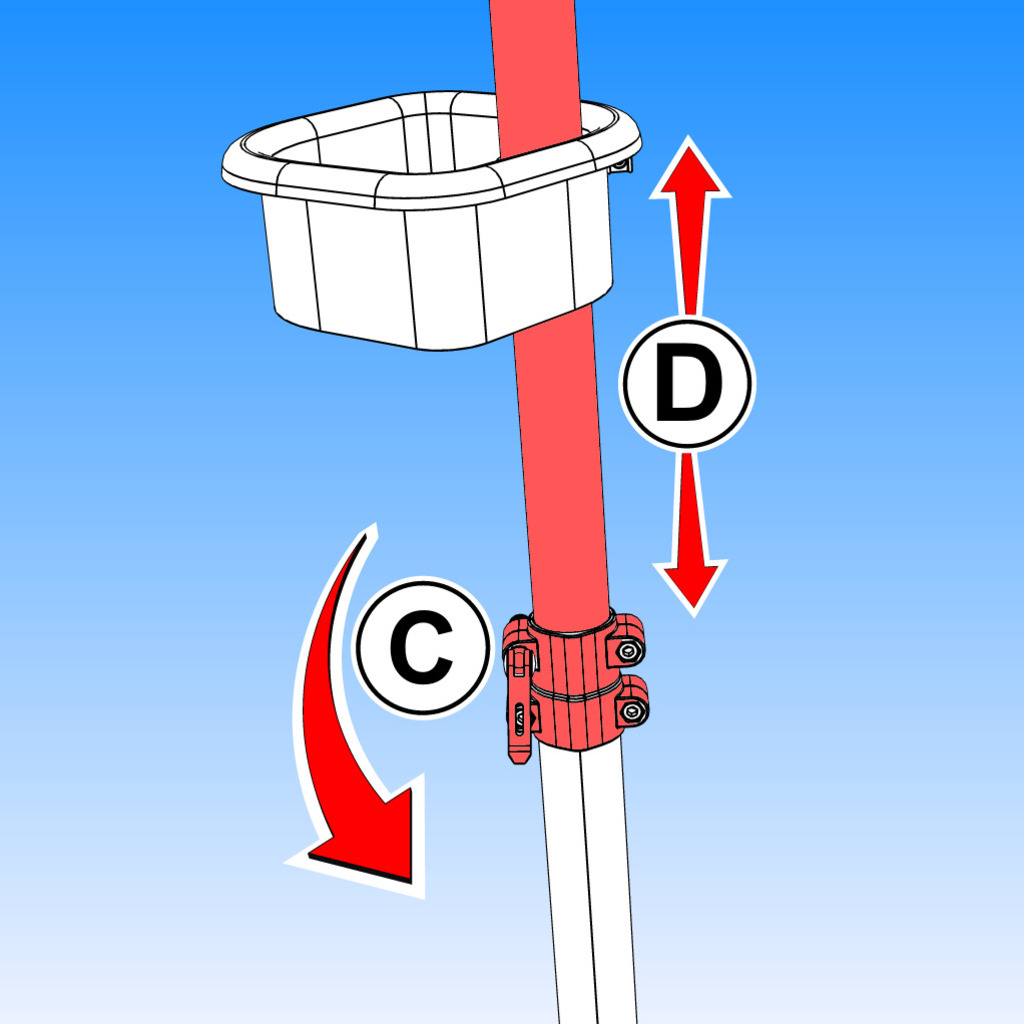 Pour régler la hauteur du support de vélo, desserrer le levier (C) et régler la hauteur du tube du pied (D).