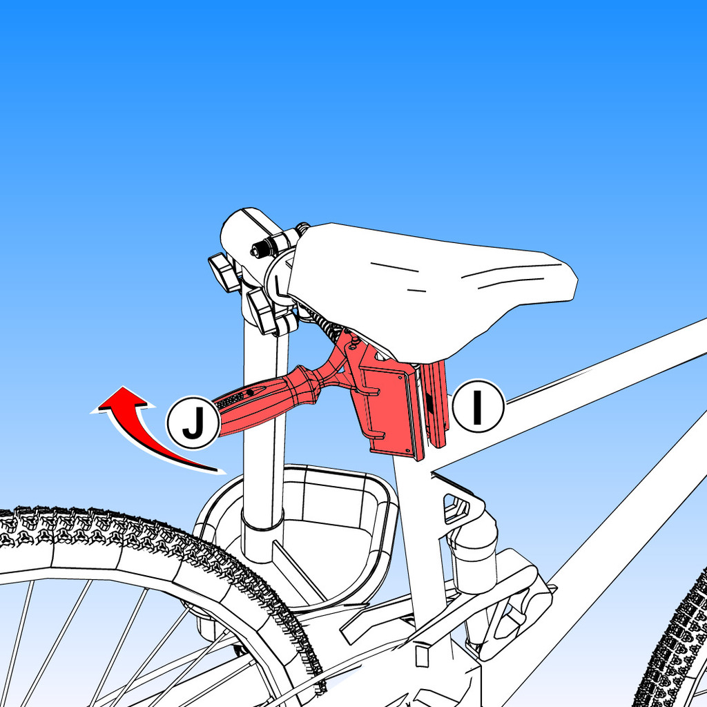 Tenir fermement le cadre du vélo (I). Relever la poignée (J) d’un coup sec afin de libérer le tube des mâchoires.