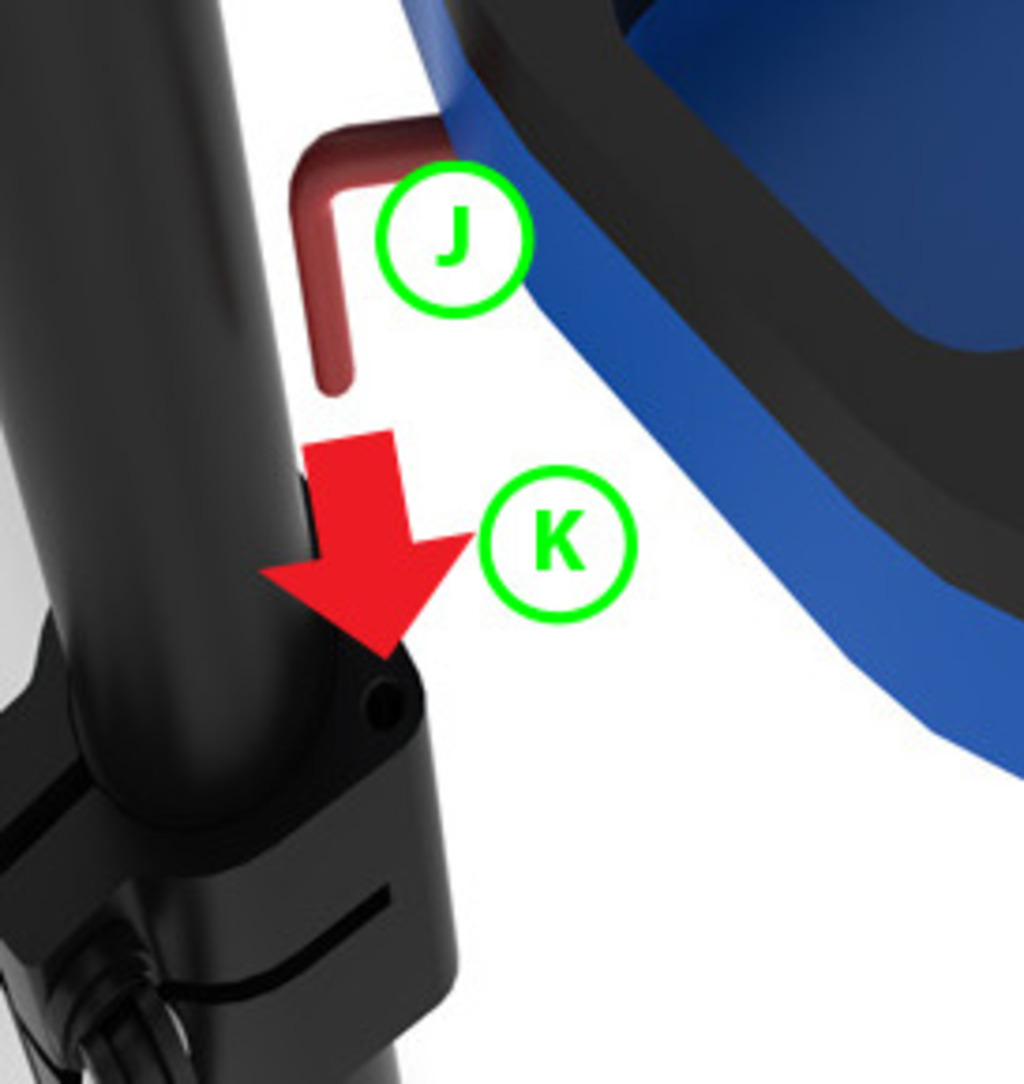 How to install the tool tray? Insert the two rails (J) into the two holes on the middle clamp (K) on the stand.