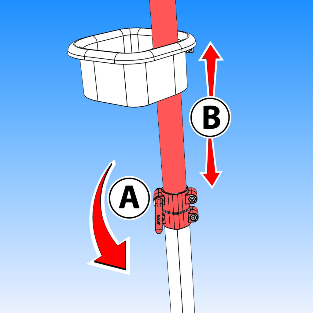Za podešavanje visine stalka, otpustite polugu (A) i podesite visinu cijevi stalka (B).