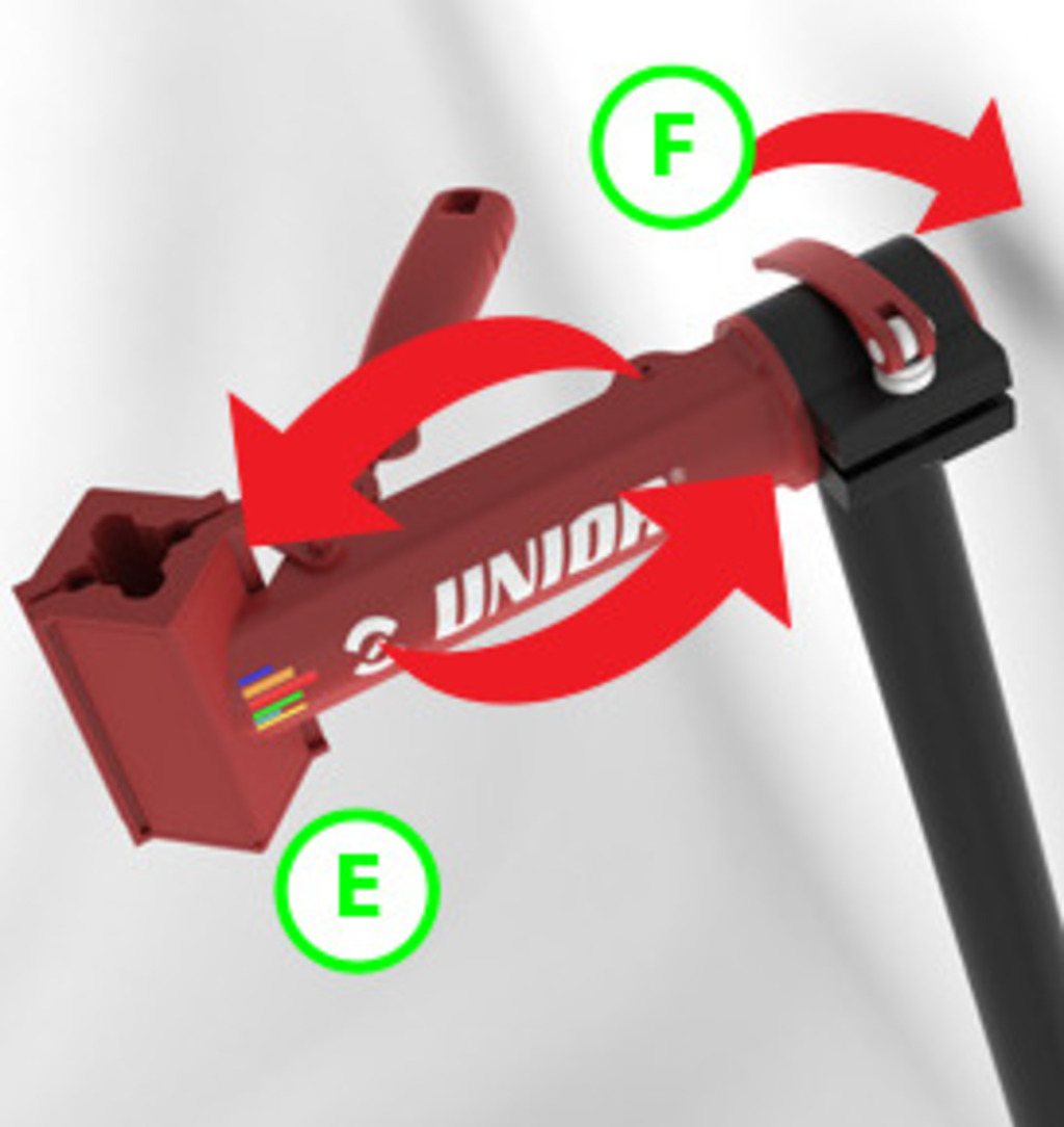 Adjust jaw angle and clamp bike safely? To adjust the bike stand jaw angle, release lever (F) and adjust/rotate (E).