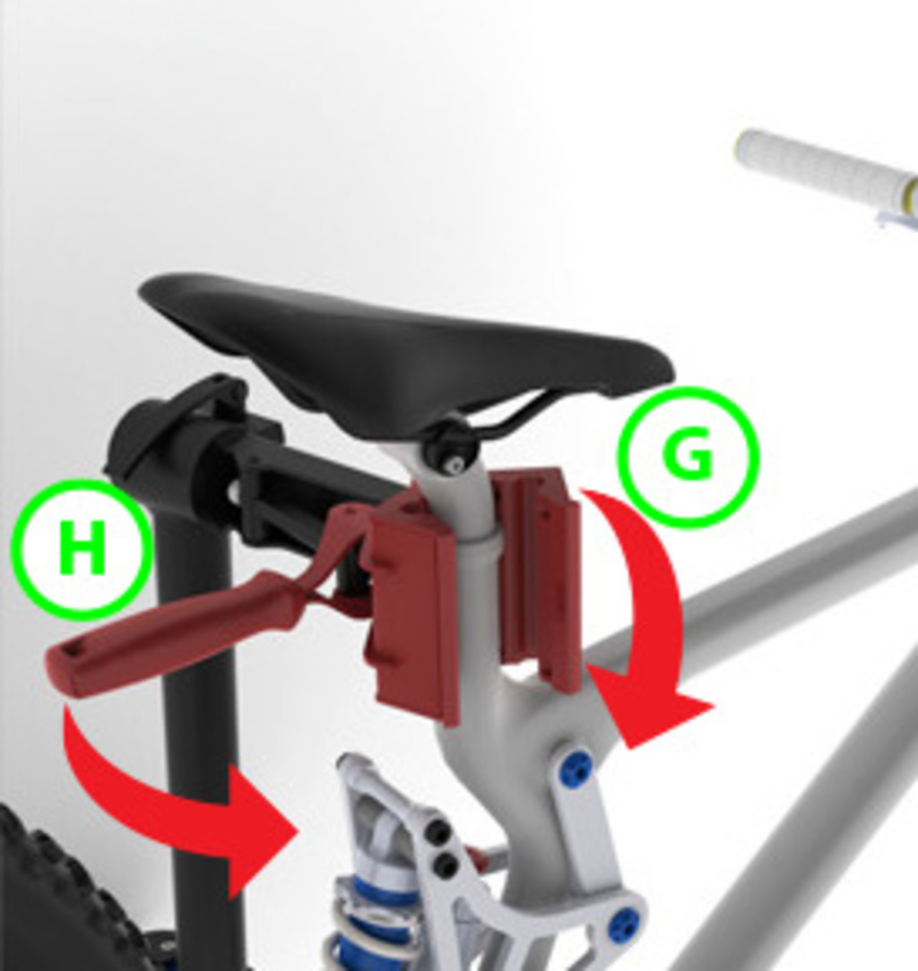 Регулирайте отворената челюст (G) към колчето на седалката или тръбата на велосипеда. Завъртете дръжката (H), докато челюстта хване здраво тръбата.