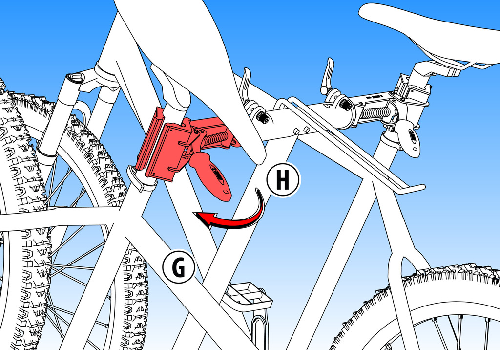 Tenir fermement le cadre du vélo (G). Relever la poignée (H) d’un coup sec afin de libérer le tube des mâchoires.