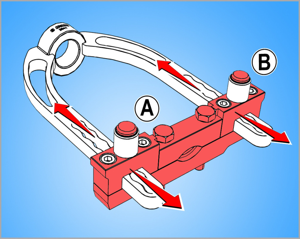 Stellen Sie ggf. vor dem Einspannen in einen Schraubstock das Werkzeug durch gleichzeitiges Drücken der Knöpfe A und B auf die richtige Länge des Gelenkes ein.