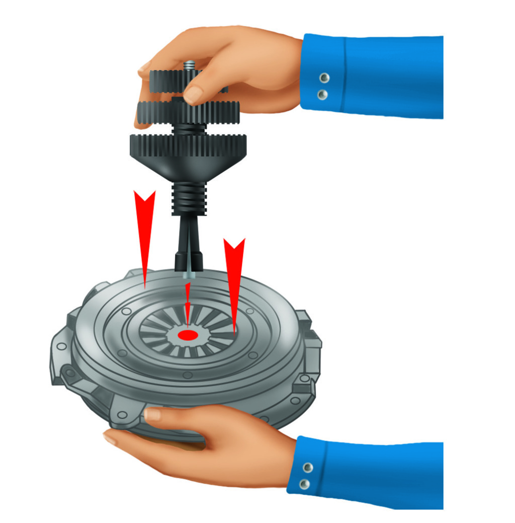 Tourner le bouton moleté (3) jusqu’à ce qu’il entre en contact avec le bouton moleté (2). Sans bouger la vis de réglage, desserrer le bouton moleté (1) pour qu’il vienne au contact du bouton moleté (2). Insérer l’appareil dans le centre du disque d’embrayage, à travers l’assiette de ressort, et appuyez.