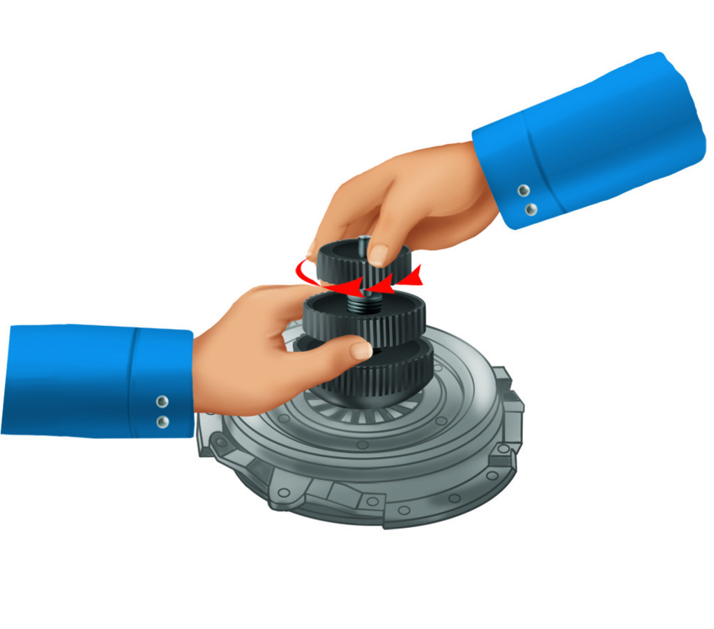 Tout en maintenant le bouton moleté (2) en place, tourner le bouton moleté (1) pour bloquer le cône expansible dans le centre du disque d’embrayage.