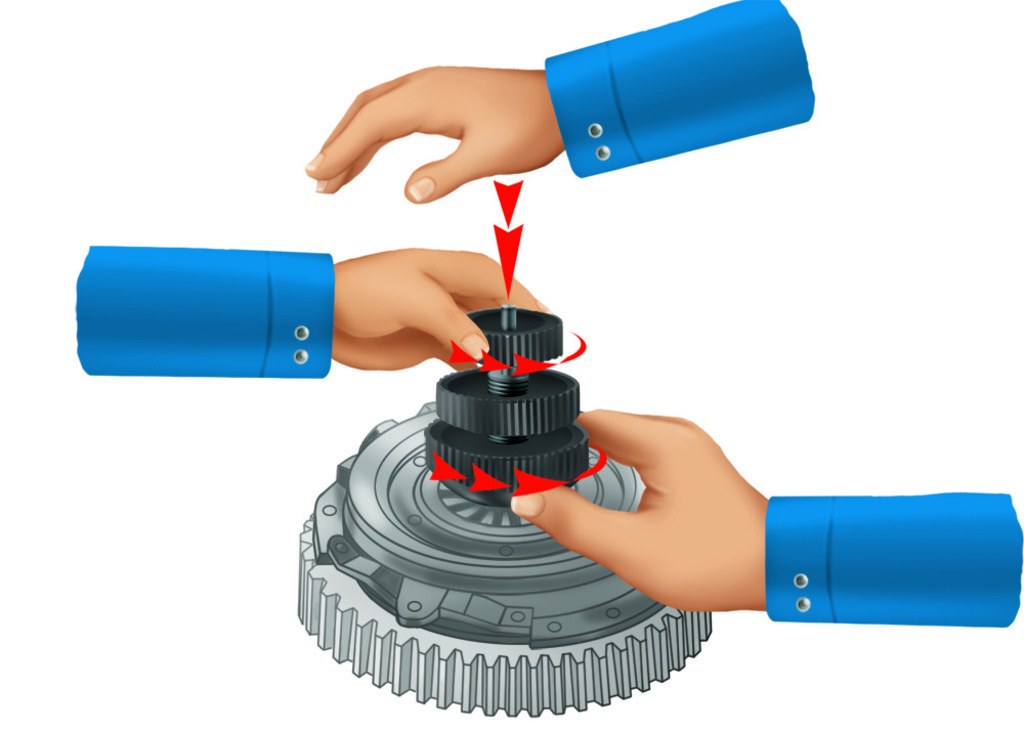 Postavite kvačilo na zamašnjak motora i fiksirajte ga. Odvrnite najmanji kotačić (3). Zatim potpuno odvrnite najveći kotač (1) i potisnite da oslobodite konusni dio. Uklonite alat s kvačila.