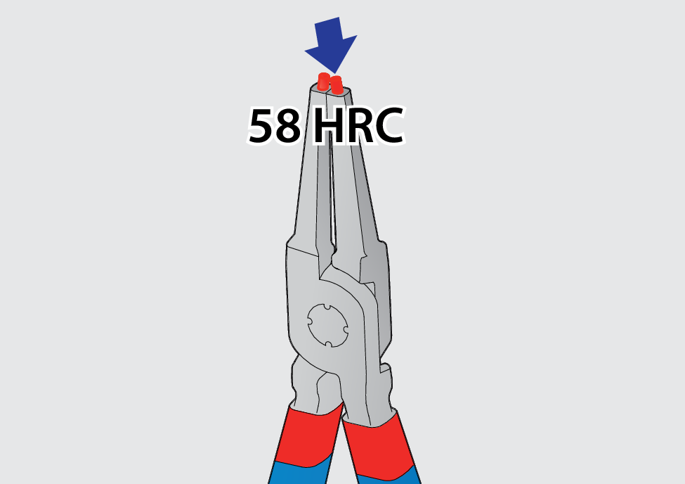 Връхчета, закалени до 58 HRc предотвратяват огъване или счупване по време на отстраняването или поставянето на зегерки